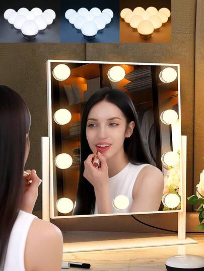 三色LED化妆镜灯，USB供电可调光，无需钻孔自粘式镜前灯，适用于梳妆台、化妆间、宿舍等场所。