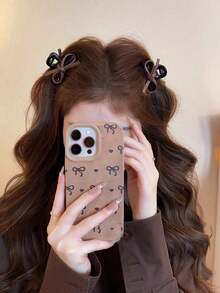 2pcs Leather Bow Hair Clips, Princess Style Cute Girl Bangs Side Clips, Spring/Summer Hair Accessories - Brown 2pcs - View 3