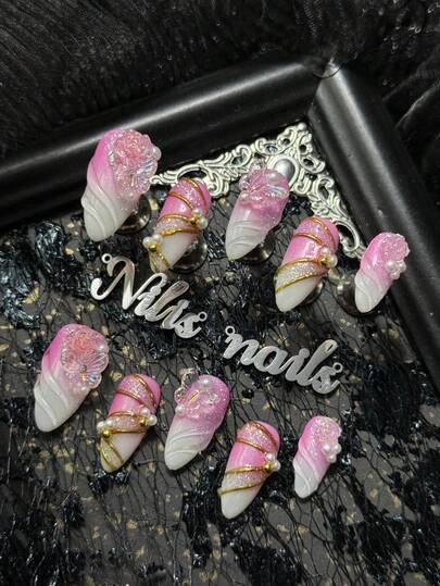 10pcs Almonds Nail Acrylic Kit, Pink Nails, Pink White Gradient, Using Gold For Hand Drawn Lines, Hand Drawn Transparent Wavy Lines, 3D Transparent Carvings&Butterflies&White Pearls&Gold Small Round Beads And Other Nail Accessories Accessories, With Silver Glitter Embellished On The Edges, Y2K Style Nail Art Set,Suitable For Women And Girls,Festivals,Daily,Party, Gatherings And OtherPlaces Use(Includes: A Piece Of Jelly Glue And A Friction Strip) Nail Stuff