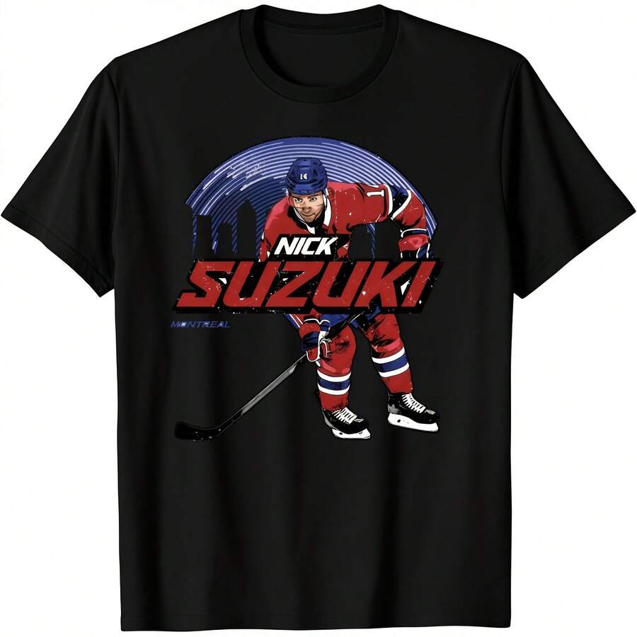 Cool Nick Suzuki Montreal Hockey Player Graphic T Shirt Black Jersey Style Print For Fans Sports Gift 100 Cotton  Casual Wear Perfect For Holiday Gifts 100% Cotton 1PC 180g - 黑色 - 查看 1