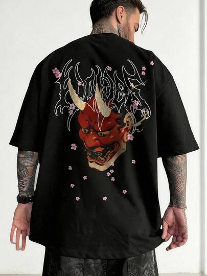  Fractyr 男士时尚休闲街头摇滚说唱风宽松短袖T恤 | 樱花与日式面具印花 | 精致设计 | 春夏新品必备 | 基础款，百搭易穿，棉质触感 | 送朋友的最佳礼物 | 展现你的独特个性