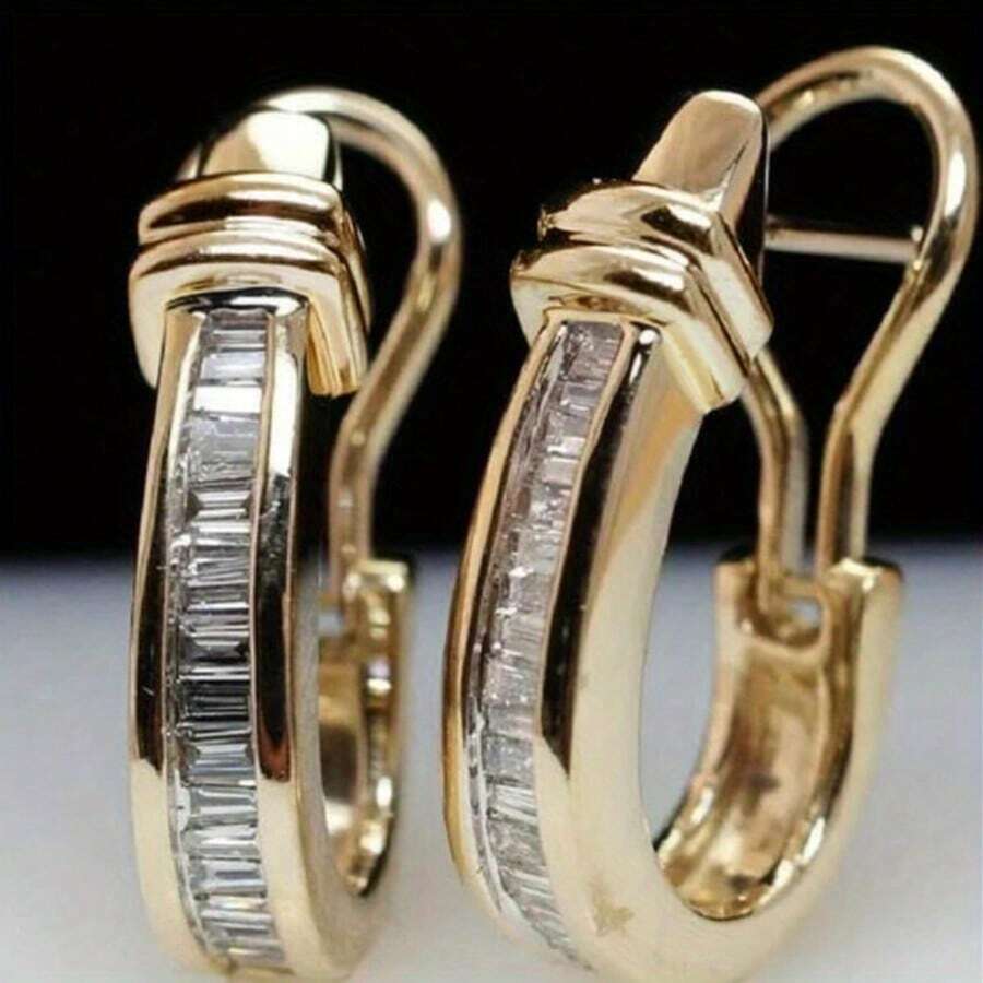 1 Pair Elegant Gold Geometric Horseshoe Earrings, Inlaid With Transparent Synthetic Gems - Fashionable Retro Style, Copper Alloy Material, Perfect Gift For Women, Vintage Jewelry - Gold - View 1
