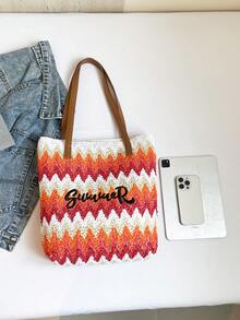 1pc Women's Colorful Woven Tote Bag With Contrast Embroidered Wavy Letter, Large Capacity Shoulder Bag - Multicolor - View 9