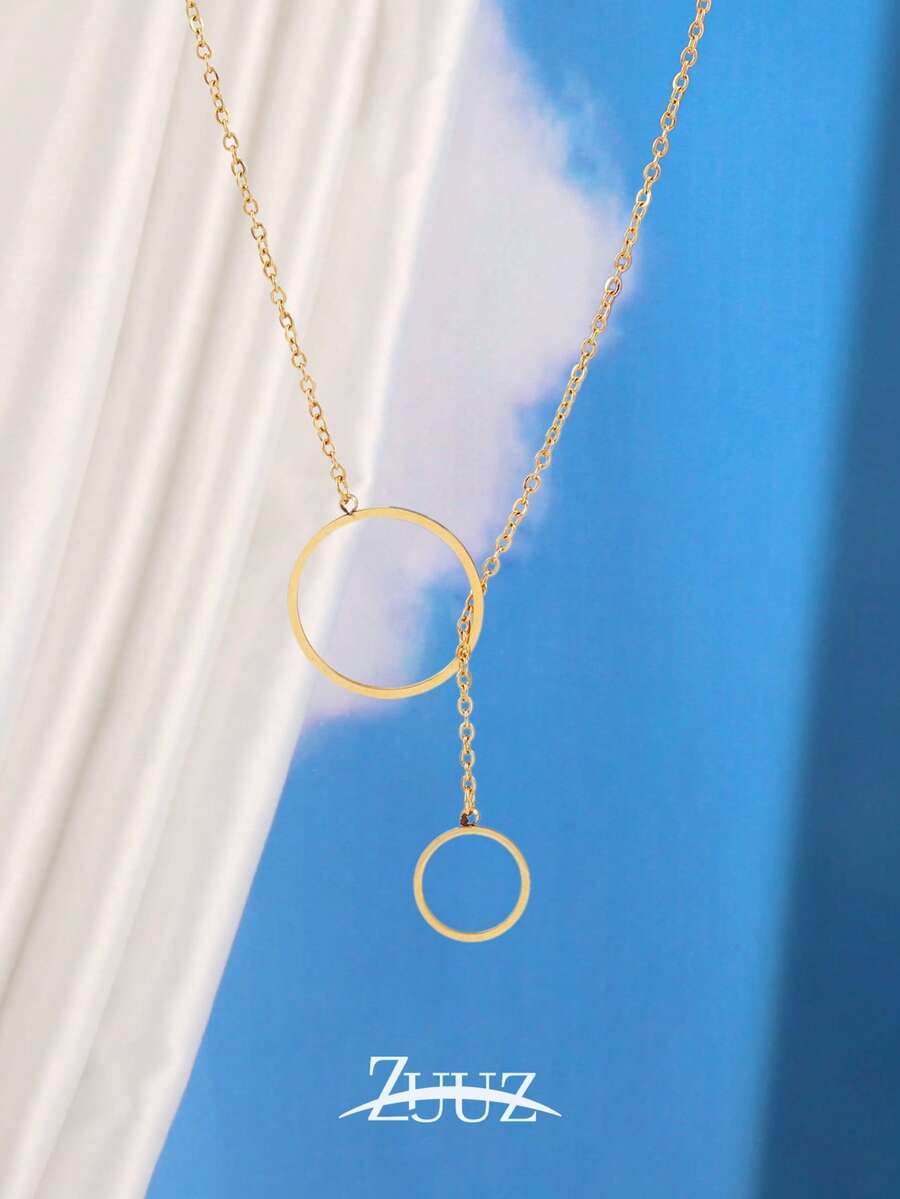 1pc Minimalist Stainless Steel Double Circular Charm Necklace For Women Round Pendant Necklace Adjustable Clavicular Chain Neck Jewelry Gifts - necklace - View 1