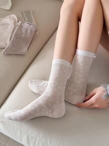1 Pair Women's Solid Color Sheer Thin Pearl Fashionable Minimalist Cute Korean Style Mid-Calf Socks, Suitable For Spring/Summer Daily Wear - Multicolor - View 4