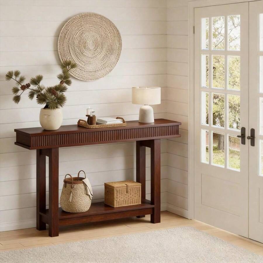 Mesa consola estrecha de estilo granja para comedor, Diseño de dos niveles con estante de almacenamiento, para entrada, pasillo o detrás del sofá - De color marrón rojizo - Ver 1