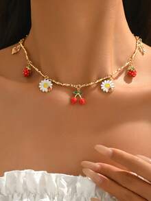 1件夏季可爱雏菊草莓吊坠项链，时尚百搭金色锁骨链饰品，适合日常佩戴和海滩度假 - 彩色 - 查看 1