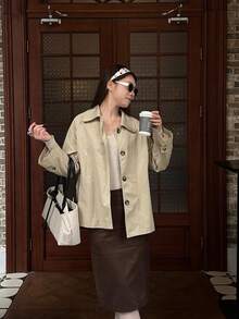 Women's Spring/Autumn Woven Raglan Sleeve Windbreaker, Front Button Closure, With Pockets, Casual Jacket - Khaki - View 6