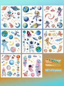 Glitter Astronaut Tattoo Stickers - Waterproof 5-Day Body Art With Stars/Sun/Moon For Space Birthdays, Pool & Cosmic Parties - Multicolor - View 5