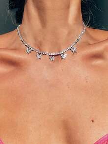 1件优雅简约水钻项链，创意全镶钻蝴蝶吊坠项链，女士款 - 銀色 - 查看 2