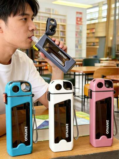 1pc/Set High-Quality Portable Summer Tumbler With Scale, Plastic Cup, Square Student Modern Minimalist Design With Straw