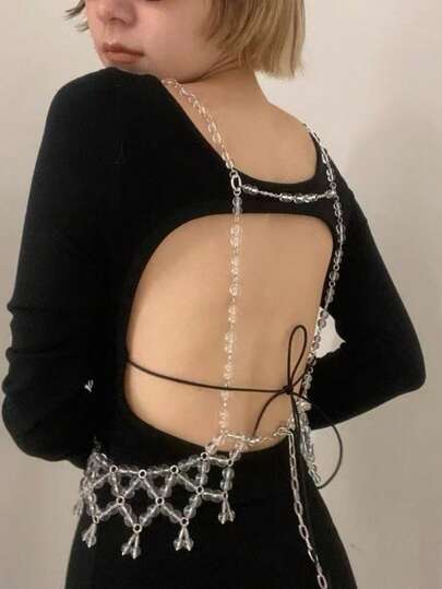 DEKUNER Handmade Beaded Transparent Crystal Camisole Top, 2025 Pearl Tassel Backless Body Chain, Valentine's Day Gift, Suitable For Women