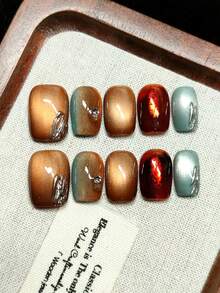 Ongles de protection faits main, faux ongles adhésifs, œil de chat dégradé brun, œil de chat argenté, style de haute qualité, cadeau idéal pour les filles, réutilisables - Tabac - Voir 4