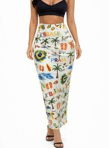 Elegant Women's Midi Skirt With Brazil Tropical Beach Print And Toucans - Summer - White - View 1
