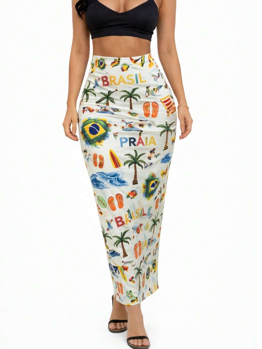 Elegant Women's Midi Skirt With Brazil Tropical Beach Print And Toucans - Summer - White - View 1