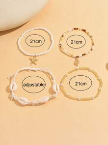 4pcs/Set Beach Vacation Style Metal Starfish, Seashell Pendant, Seed Bead Anklet, Starfish, Shell, Turtle Braided Rope Jewelry Set, Suitable For Daily Wear, Gatherings, Dates, And Beach/Vacation - Multicolor - View 4