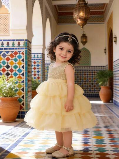 Champagne Sequin Elegant Princess Dress, Suitable For Party Occasions, Baby Girl