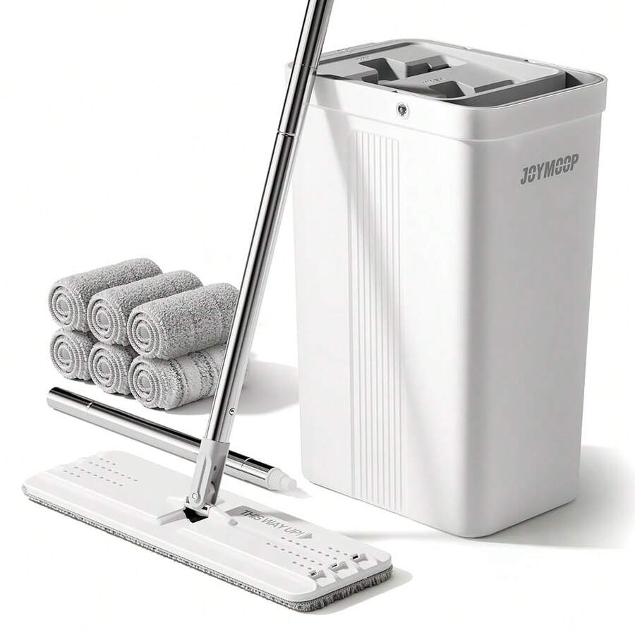 Conjunto de fregona y cubo con escurridor, fregonas planas para limpieza de pisos, limpiador de paredes con mopa de mango largo, mopa para pisos de madera dura con 6 almohadillas de microfibra - Cubo blanco n.° 2124 + trapeador plano de 60 pulgadas + 6 almohadillas - Ver 1