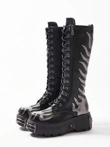 Flame Emborider Punk Boots For Women, Platform Gothic Knee Boots, Combat Fashion Motorcycle Shoes, Women's Zip Long Boots, Casual Metal Decor Shoes - 黑色 - 查看 1