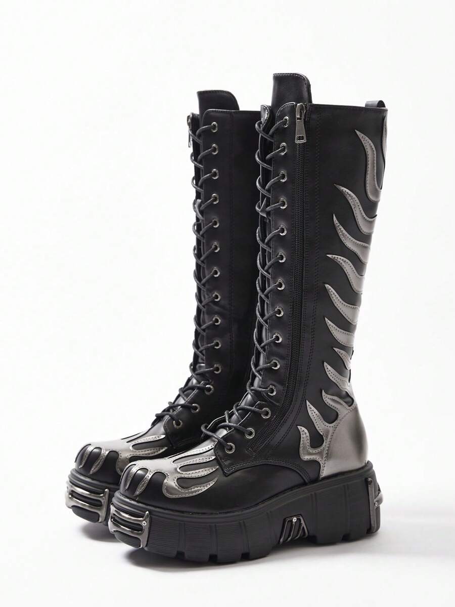 Flame Emborider Punk Boots For Women, Platform Gothic Knee Boots, Combat Fashion Motorcycle Shoes, Women's Zip Long Boots, Casual Metal Decor Shoes - 黑色 - 查看 1
