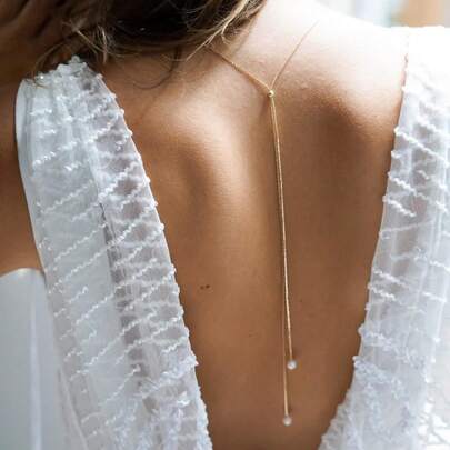 1 pieza Cadena de espalda con colgante de perla, Collar de espalda elegante y minimalista para novia, Cadena corporal tipo halter con collar largo