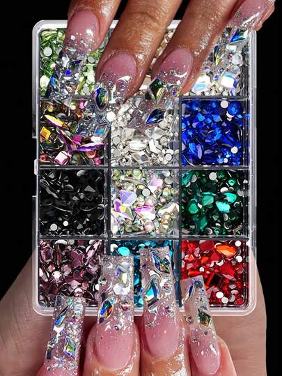 2026 Nuevos Cristales de Colores Mixtos de 12 Rejillas para Decoración de Uñas, Gemas de Vidrio Planas en Varias Formas, Adecuadas para Manualidades de Arte de Uñas, Suministros y Accesorios de Arte de Uñas