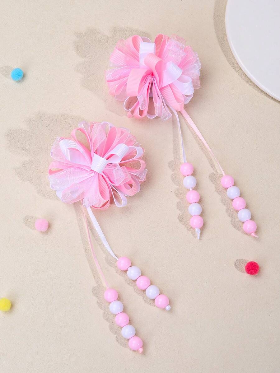2个粉白绒球流苏发夹，适合女孩佩戴，粉白罗缎绒球鳄鱼夹，可爱甜美串珠流苏绣球花发夹，婚礼度假节日礼物，青少年发饰 - 粉色 - 查看 1