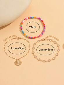 Set de 3 piezas con cuentas de cristal transparente de moda, colgante de concha metálica, cuentas de colores multicapa para tobillera, adecuado para uso diario, fiesta, playa y vacaciones. Longitud de la cadena hecha a mano personalizable, arreglo aleatorio de colores de cuentas. - Multicolor - Ver 4