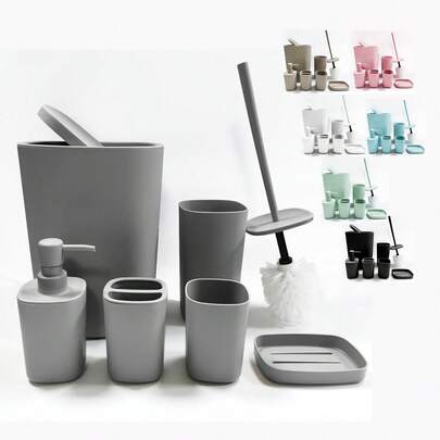 6pcs Bathroom Accessories Set, Plastic Gift Set, Includes Toothbrush Holder, Rinse Cup, Soap Dispenser, Soap Dish, Toilet Brush Holder, Trash Can, Suitable For Birthday, Housewarming, Holiday Gifts, Available In Beige, White, Red, Grey And Black