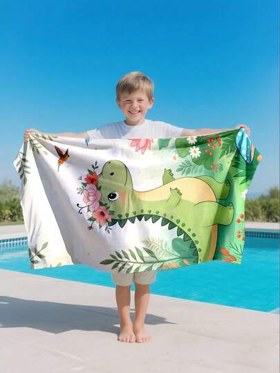1 pieza Toalla de playa para niños con diseño de dinosaurio de dibujos animados con corona de flores, toalla de playa extra grande de microfibra súper suave y súper absorbente, adecuada para viajes, piscina, buceo, surf, yoga, camping, disponible en varios tamaños, accesorios de playa