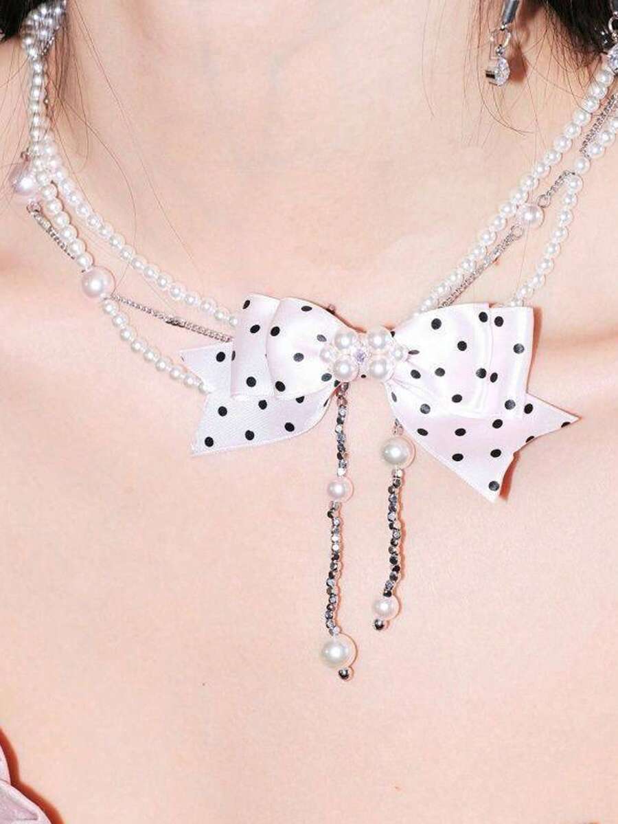 Pearl Satin Polka Dot Bow Multilayer Chain Necklace, Sweet Elegant Fashionable Niche High-End - Multicolor - View 1