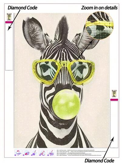 |5D DIY Diamond Painting|Cool Zebra With Yellow Fashion Glasses And Green Bubble Gum DIY Diamond Art Kit, High-Contrast Black-And-White Zebra Stripe Patterns, Vibrant Yellow Thick-Rimmed Fashion Glasses, And Glossy Lime Green Bubble Gum Accents. Handmade Decorative Painting, 5D DIY Embroidery Mosaic Art, Make Your Own Wall Art DIY, Enjoy The Fun Of Hands-On, The Best Gift For Friends