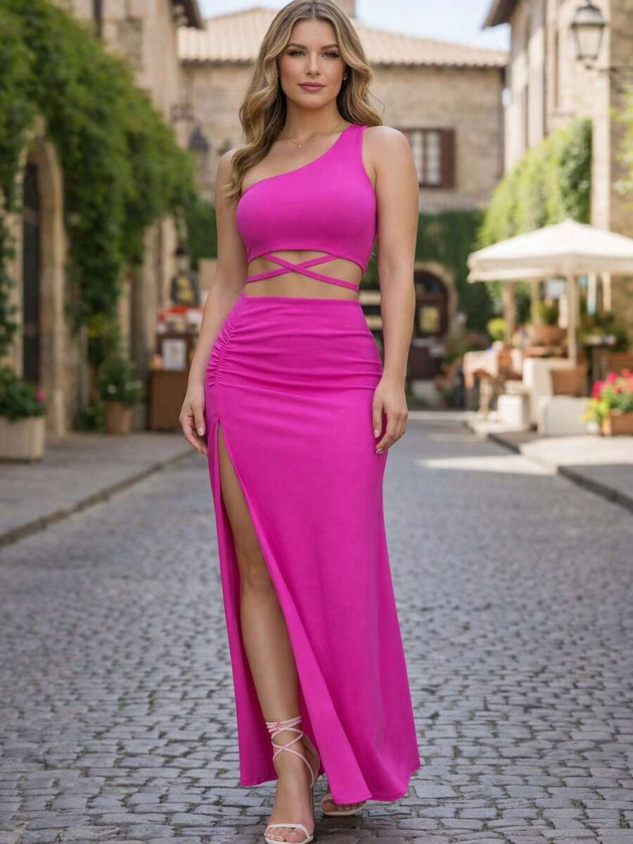 Conjunto falda con abertura delantera plisada  y crop top con cintas en cintura - Rosa Fucsia - Ver 1