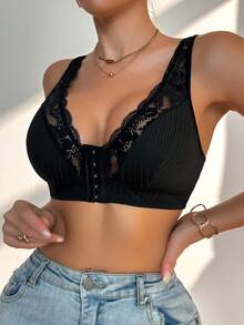 1件装女士蕾丝肩带前扣式时尚舒适文胸 - 黑色 - 查看 5