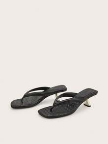Minimalist Elegant Square Toe Stone Texture Open Toe Split Toe Flip Flop Backless Slip-On Asymmetric Heel High Heel Sandals - Black - View 2