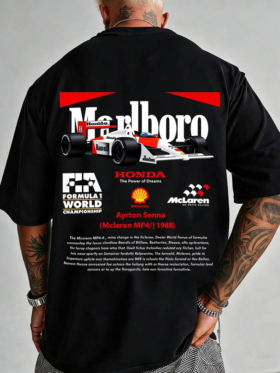 MP4/4 Racing Car Graphic T-Shirt, F1 T-Shirt, Men's Short Sleeve T-Shirt In Pure Cotton, Summer Clothing, Comfortable Sports Shirt, Casual Everyday Wear, Streetwear, A Must-Have For F1 Fans, A Gift For Men - màu đen - Xem 1