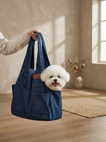 PETSIN 牛仔口袋狗狗背包，便携式手提斜挎单肩包，适合泰迪熊、猫咪、宠物，户外背包，宽开口设计 - 彩色 - 查看 3