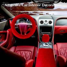 12pcs Winter Thick Plush Car Interior Set, Including Steering Wheel Cover, Seat Belt Shoulder Pads, Armrest Cover, Gear Shift Cover, Handbrake Cover, Pom-Pom Pendant, Small Daisy Decorative Clips - 12PCS - 查看 10