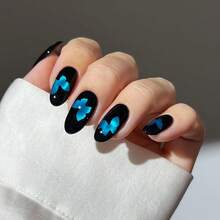 24Pcs Ice Blue Butterfly Cat Eye Medium Almond Press On Nails, Unique Black-Blue Contrast Design, Versatile Daily Style, Ideal For Summer - Blue - View 10