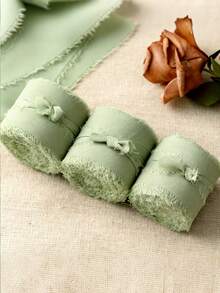 3roll-Chiffon Ribbon, Sage Green Handmade Fringe Chiffon Silk Ribbon Ribbons Set For Wedding Invitations, Bridal Bouquets, Gifts Wrapping, DIY Crafts - Gauze Ribbon - View 1