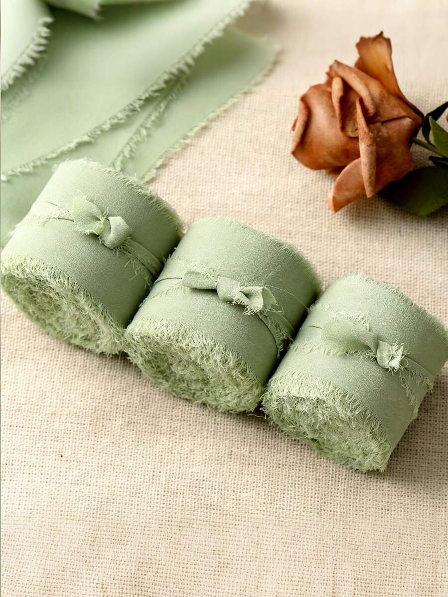 3roll-Chiffon Ribbon, Sage Green Handmade Fringe Chiffon Silk Ribbon Ribbons Set For Wedding Invitations, Bridal Bouquets, Gifts Wrapping, DIY Crafts - Gauze Ribbon - View 1