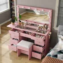 FUSOU Vanity Desk With Mirror & 12 LED Lights, Makeup Table With Power Outlet, 9 Drawers, Glass Top & Fold-Up Panel, White Dressing Table For Bedroom - 粉色 - 查看 3
