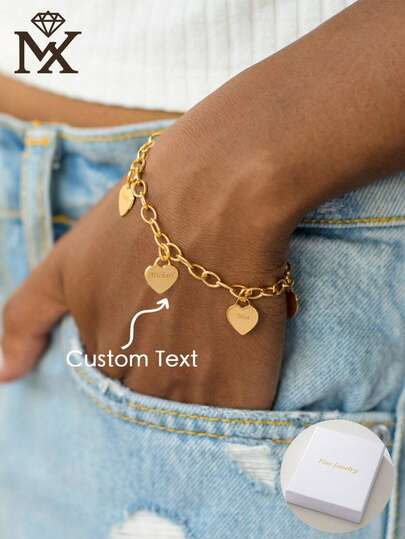 A Personalised Heart-Shaped Name Bracelet With Custom Engraved Pendants, Accommodating Multiple Heart-Shaped Names. Mother's Day Gift | Heart Pendant Bracelet | Chain Bracelet | Best Friend Gift