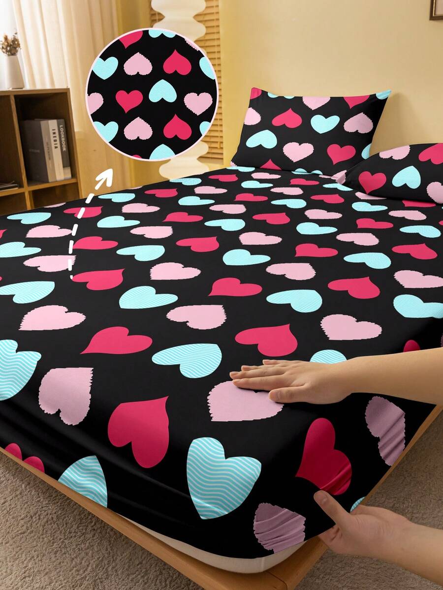 Lençol reversível com estampa de corações, lavado, para cama (fronha não inclusa). - Multicolorido - Ver 1