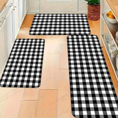 Black & White Checkered Kitchen Mat Set - Suitable For Home Decor - Lightweight, Machine Washable, Anti-Fatigue Mat