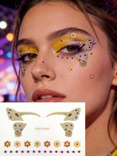 1 Pc Gorgeous Butterfly Wing Face Decor Stickers, Featuring Glitter Butterfly Wing Eye Decals, Pearl And Magenta Rhinestone Accents, And 3D Flower Elements, Exquisite And Ethereal To Match Any Makeup, Ideal For Parties, Performances And Ancient-Style Looks, Adding A Luxurious Vibe And Delicate Details To Your Look