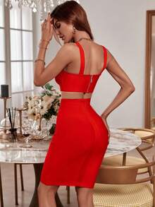 Christmas Women's Fashionable Elegant Spaghetti Strap Short Tight-Fitting Embellished 2-Piece Dress Set, Summer Outfit With Top And Mini Skirt, Bandage Cocktail Party Evening Dress, Sexy Attire - Red - View 7