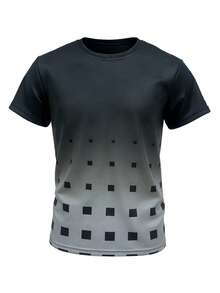 女士黑灰渐变方领T恤，圆领宽松版型，休闲百搭户外日常穿着上衣 - 灰色 - 查看 2