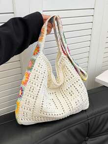 Yogodlns Minimalist Knit Shoulder Bag Boho Crochet Handbag Vintage Lace Hollow-Out Purse For Women Casual Crossbody Underarm Bag Fashion Mesh Crochet Shoulder Bags Casual Shopper Tote Bag Large Capacity Knitted Travel Purse And Handbag For Women - Beige - View 6