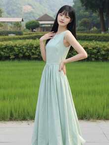 Y6Y 法式新款夏季女式绿色休闲无袖中长连衣裙 - 綠色 - 查看 5